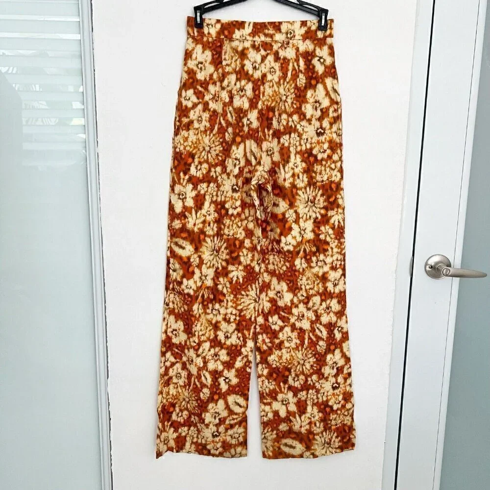 NEW Zara wide leg LINEN Pants XSMALL burnt orange Bohemian